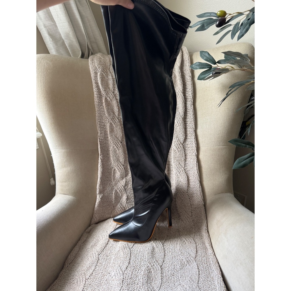 Black Faux Leather Thigh High Stiletto Boots Pointed Toe Size 37 Over The Knee